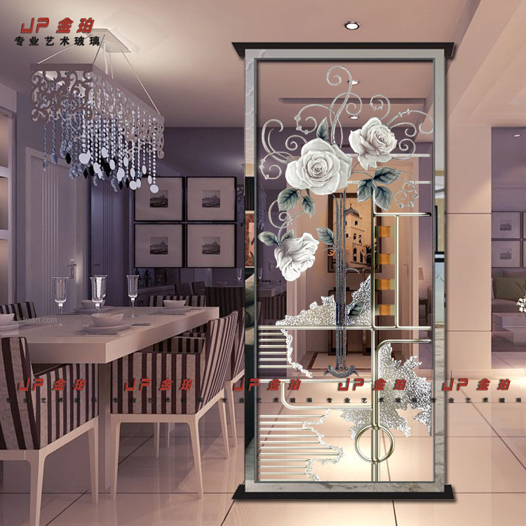 现代简约客厅装饰沙发双面雕刻艺术玻璃玄关隔断透光双面屏风玫瑰
