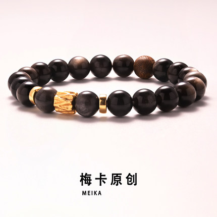 原创银黑曜石手串925纯银珠子链情侣饰品小众送男友礼物沉香串珠