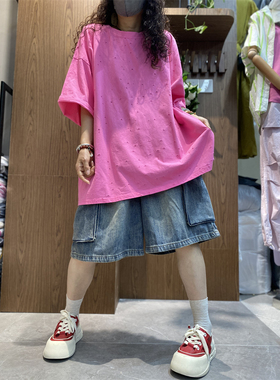 颜年原版货8169 手工破洞大版T恤女夏休闲慵懒风镂空设计圆领显瘦