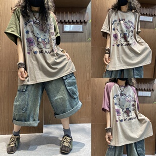 个性撞色插肩袖猫咪卡通字母印花T恤女春夏短袖宽松百搭上衣圆领