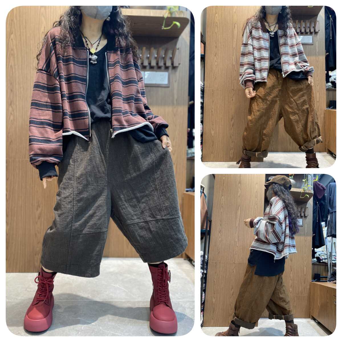 复古水洗棉做旧卷边条纹外套女早秋新款大码亲肤拉链长袖短款上衣