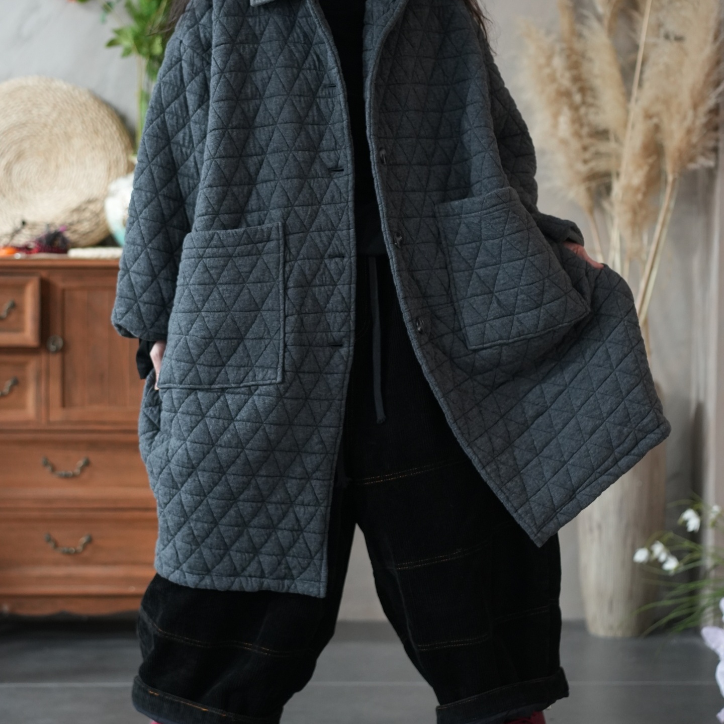 复古风大码大口袋欧版菱格纹棉服女中长款宽松显瘦加厚棉袄外套冬