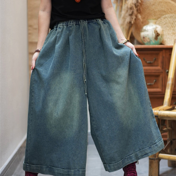 复古做旧松紧腰大版牛仔阔腿裤女2025夏季新款抽绳遮肉褶皱长裤,女装/女士精品,牛仔裤,淘宝优惠券,粉丝福利购,淘宝优惠卷