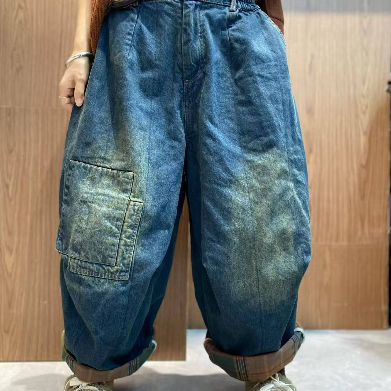 复古做旧磨白大码夹棉牛仔阔腿裤女冬款宽松百搭老爹裤休闲裤,女装/女士精品,牛仔裤,淘宝优惠券,粉丝福利购,淘宝优惠卷