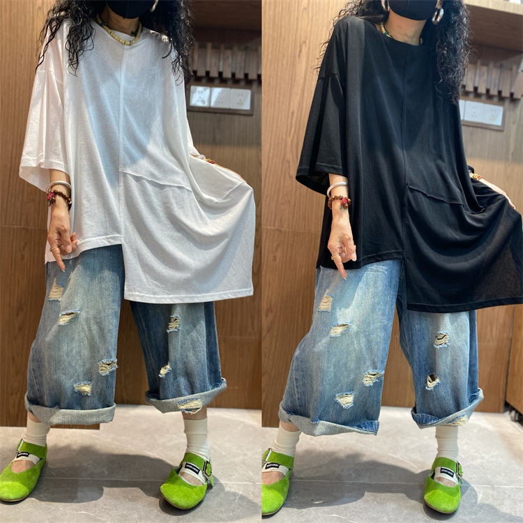 纯色拼接薄款不规则上衣女2025夏季新款百搭休闲个性短袖上衣