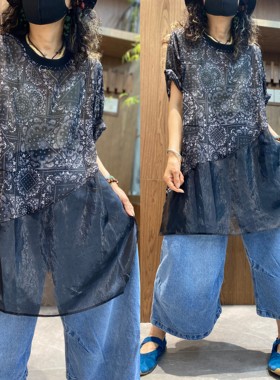 黑色印花薄纱拼接短袖T恤女宽松大码减龄上衣夏季新款遮肉小衫