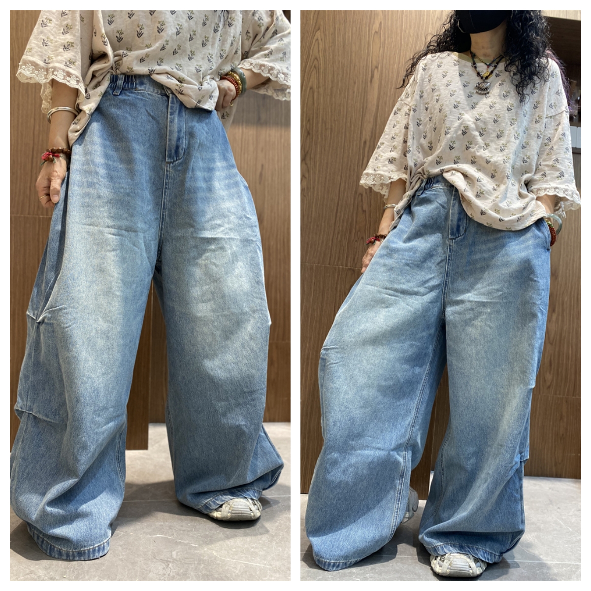 2025早春新款休闲百搭褶皱脚捏摺牛仔裤阔腿裤女宽松显瘦长裤百搭