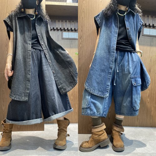 复古做旧磨白中长款翻领无袖牛仔马夹女2025秋季新款单排扣马甲