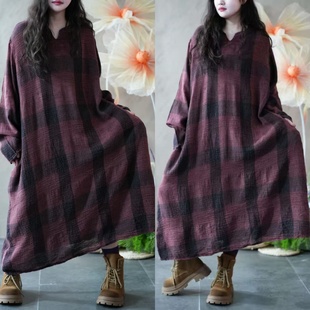 长袖 新款 大褂遮肉砂洗裙子 200斤胖妹妹格子连衣裙女2025秋季 大码