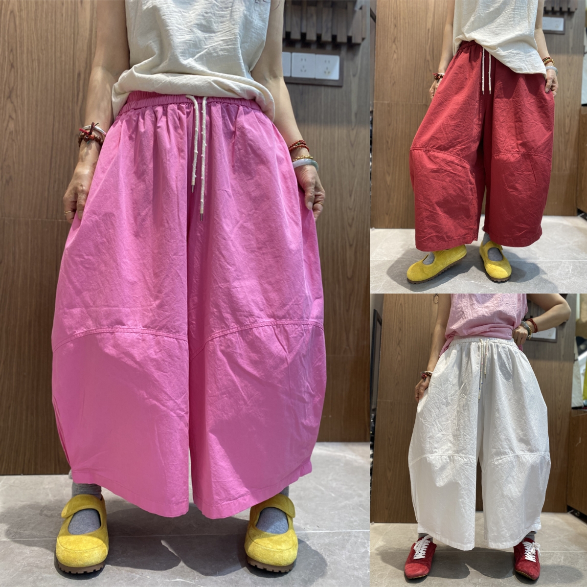 纯色拼接休闲阔版弯刀裤女2025夏季新款松紧腰抽绳遮肉时尚九分裤