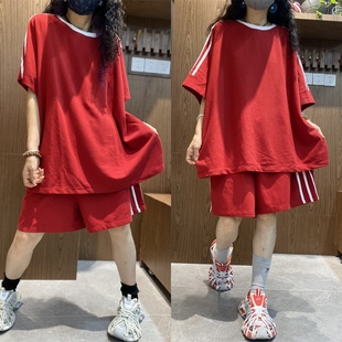 正版宽松休闲条纹杠杠运动风短袖上衣+短裤两件套女夏款亲肤套装