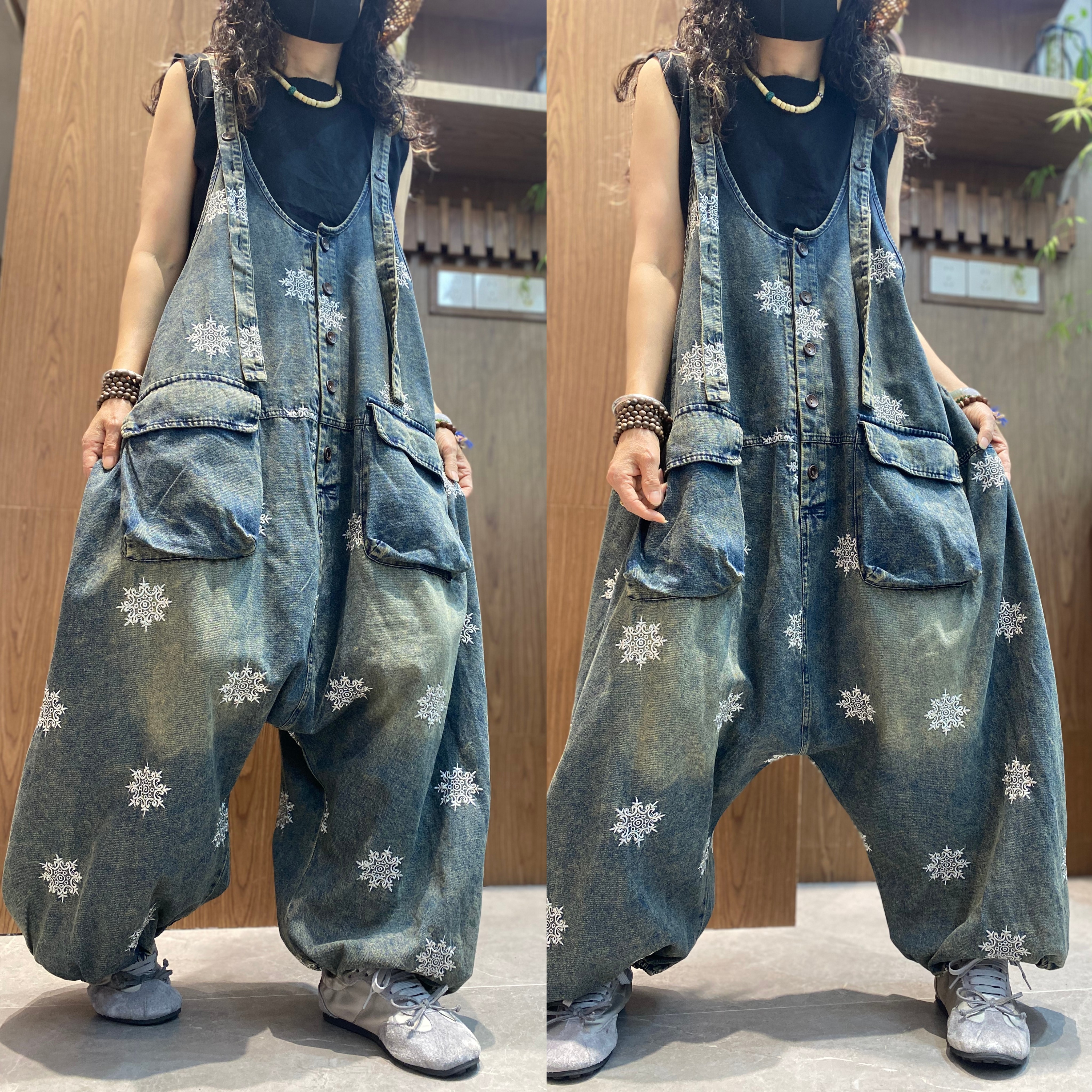 复古雪花刺绣牛仔背带裤女宽松显瘦工装风200斤吊带大码连体裤