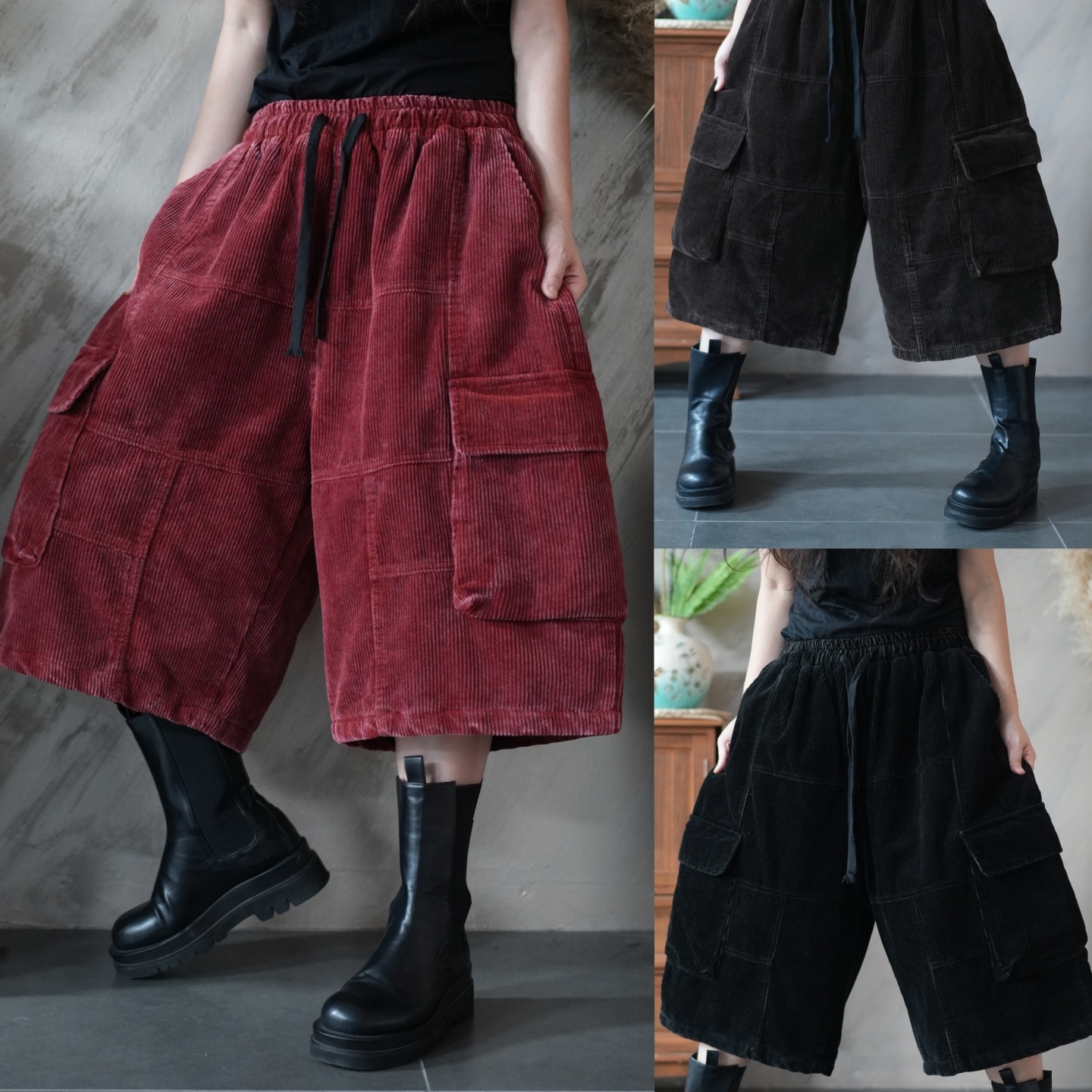 夹棉灯芯绒阔腿裤女宽松大码多口袋松紧腰休闲七分裤