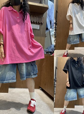 纯色大码休闲polo领短袖T恤女士夏季新款文艺净版简约翻领上衣
