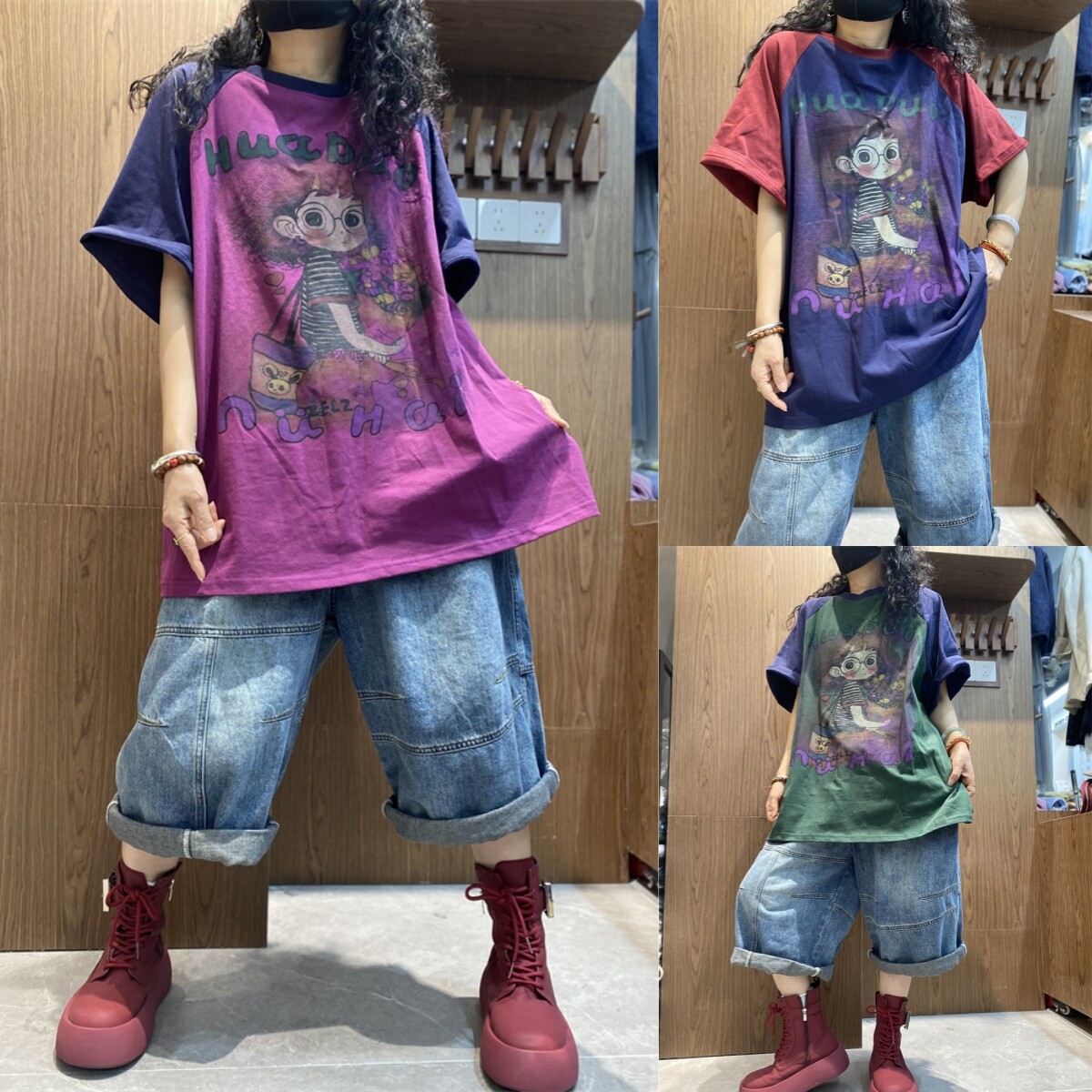 撞色休闲宽松短袖T恤女卡通印花圆领全棉上衣2025年春夏新款大版