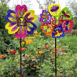 儿童玩具手持昆虫风车幼儿园户外装 饰花朵立体蝴蝶七彩塑料风车