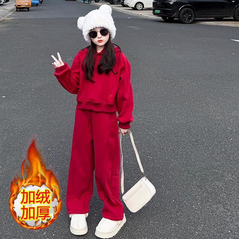 秋冬季儿童运动服阔腿裤两件套女童红色休闲洋气网红连帽卫衣套装