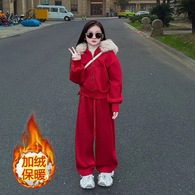 儿童拜年服女童冬装冬季毛领套装新款中大童休闲加绒休闲裤两件套