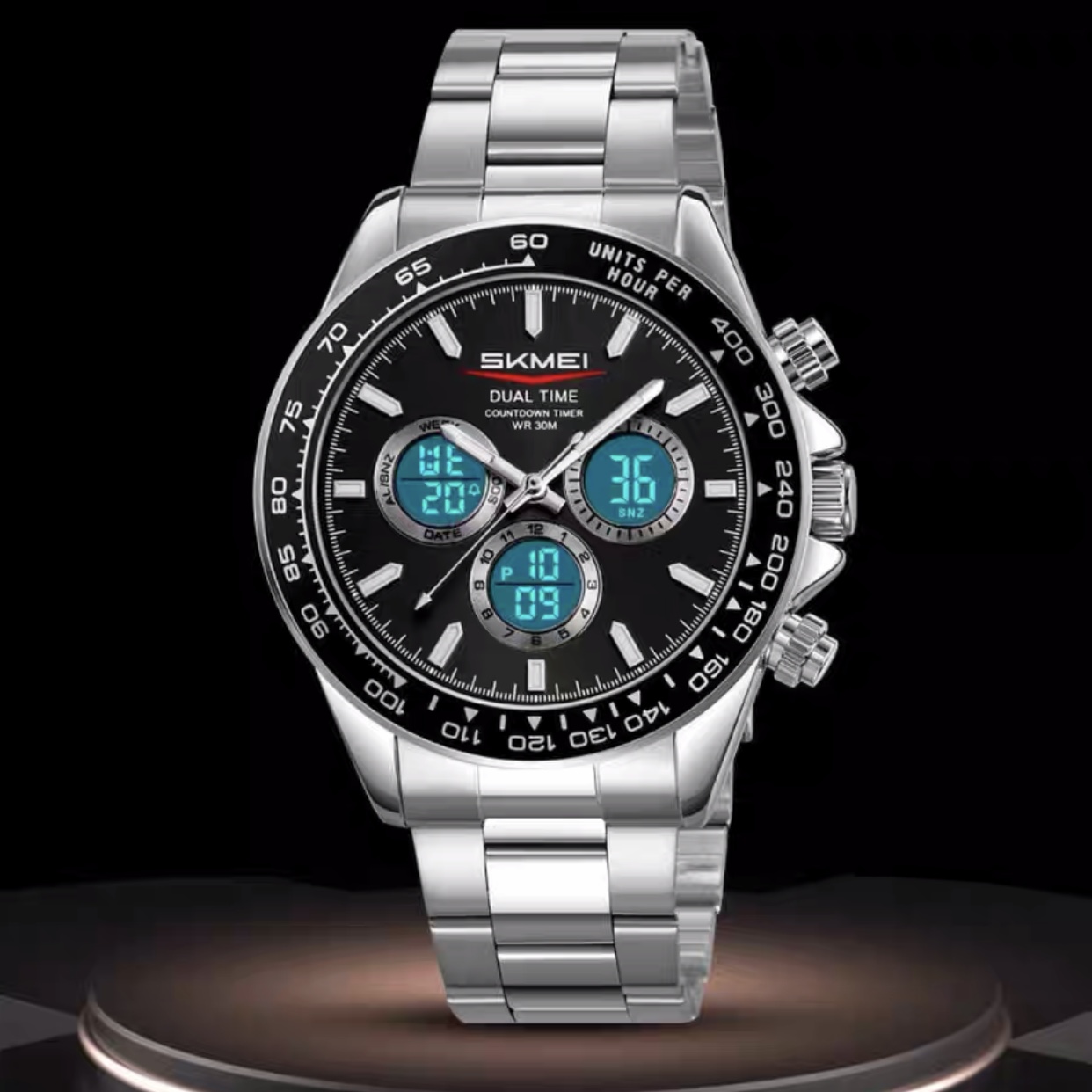 新款双显示石英电子男表防水夜光