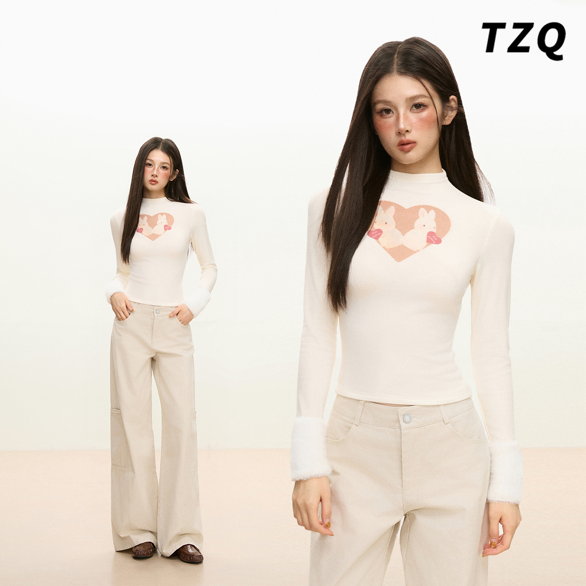 美式复古印花高领长袖T恤上衣女