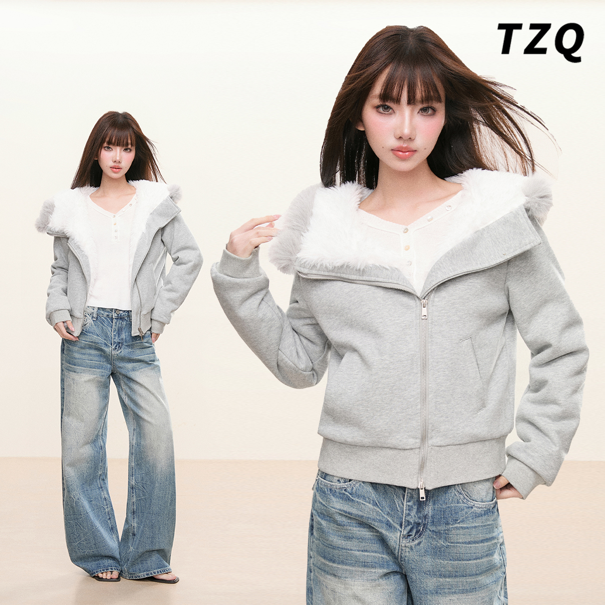 甜美可拆毛领加绒加厚卫衣短外套