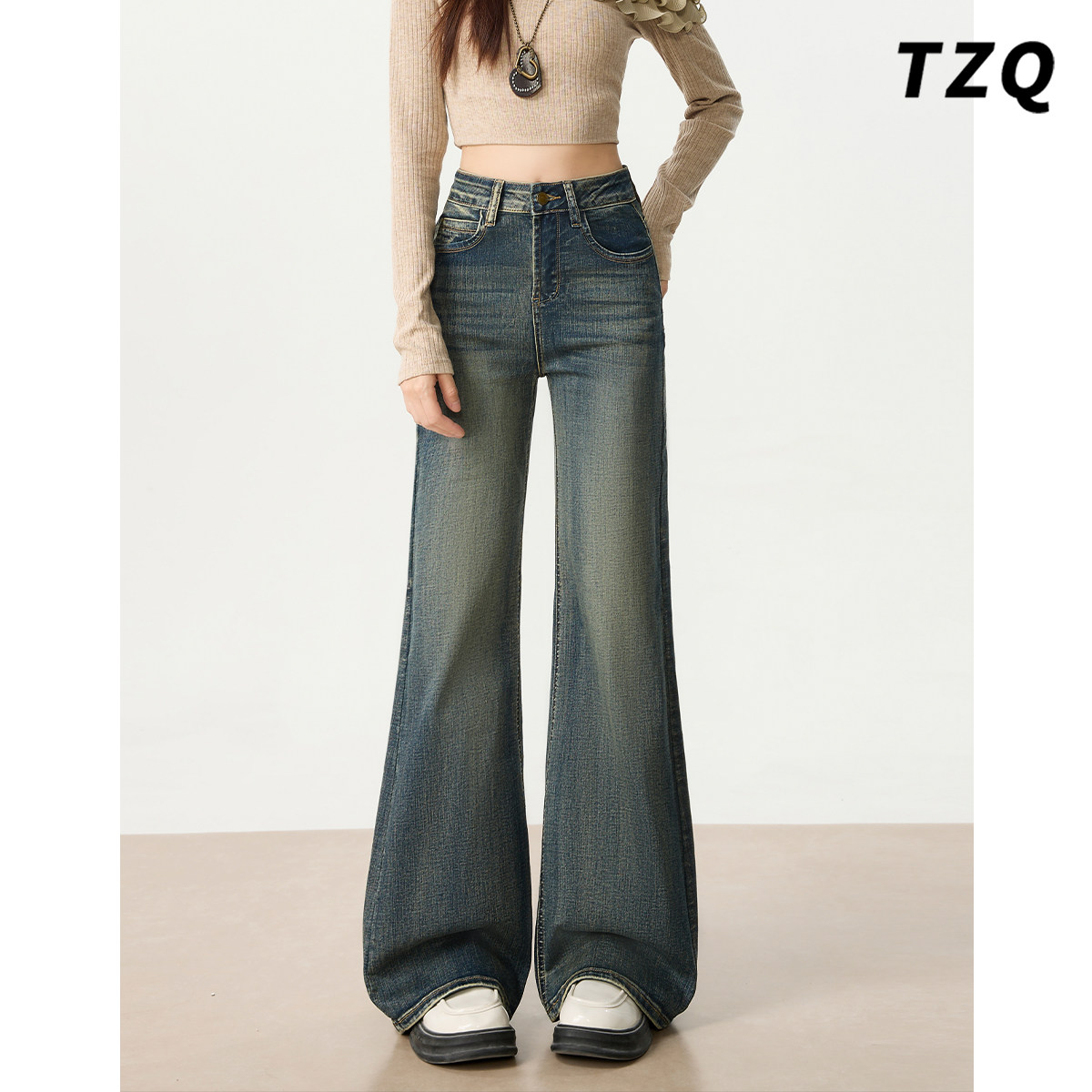 复古高腰微喇牛仔裤女2025新款