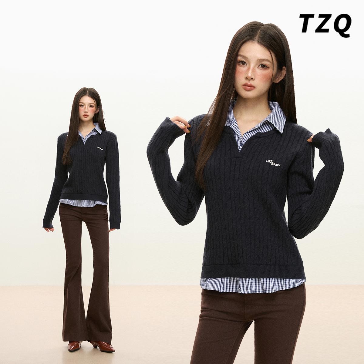 设计感正肩长袖针织衫上衣