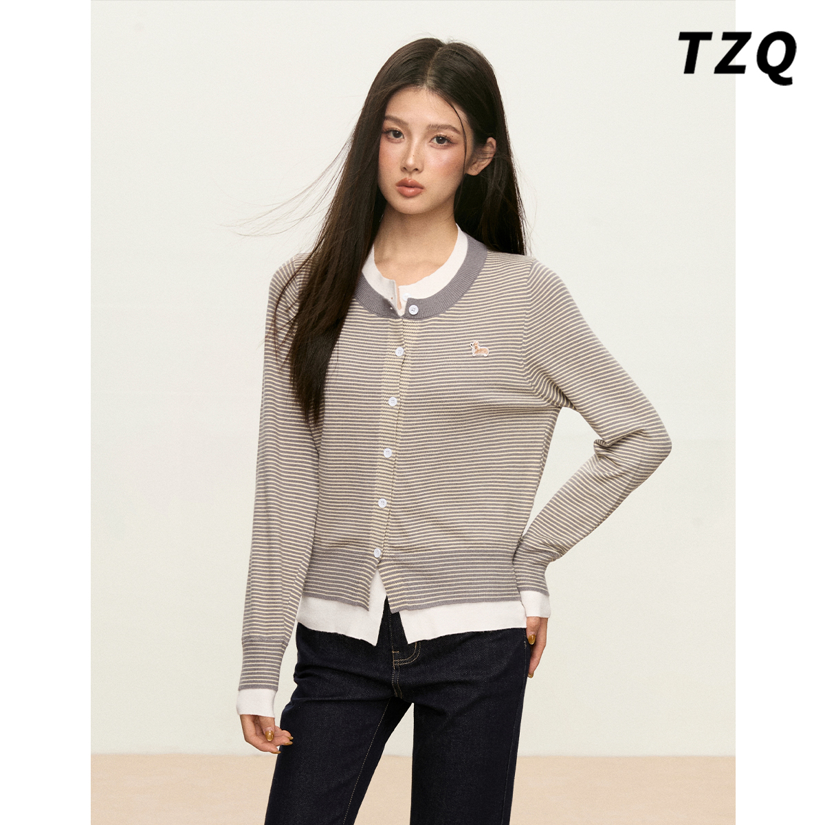 韩系撞色条纹假两件针织开衫