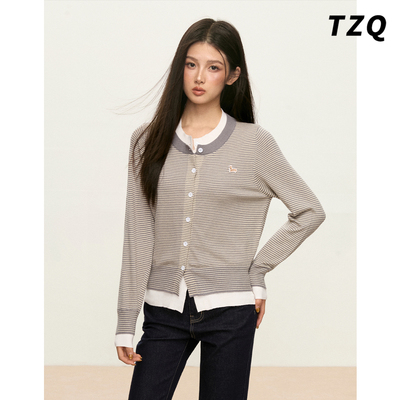 韩系撞色条纹假两件针织开衫