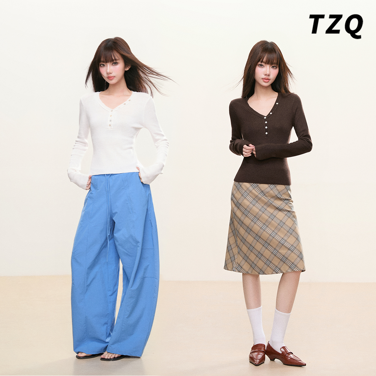 通勤V领白色纽扣针织长袖T恤女