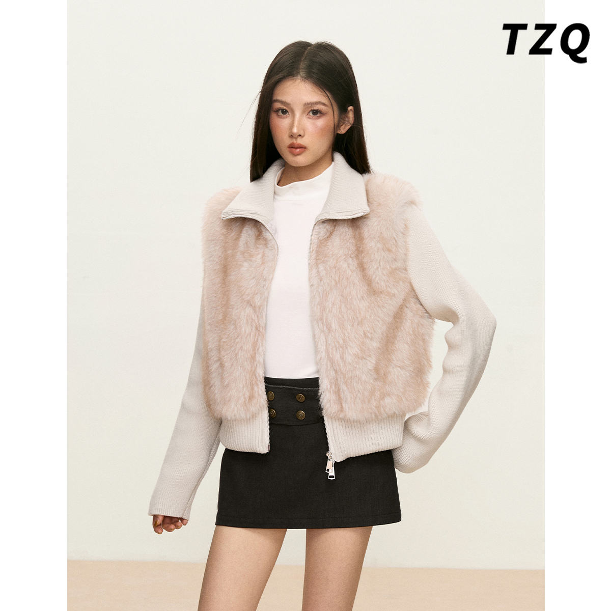 设计感毛茸茸拉链针织开衫女