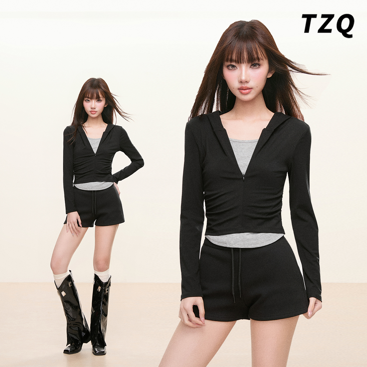 假两件连帽长袖修身通勤T恤女