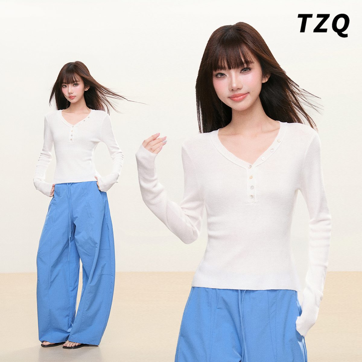 韩版V领纽扣白色针织打底衫女