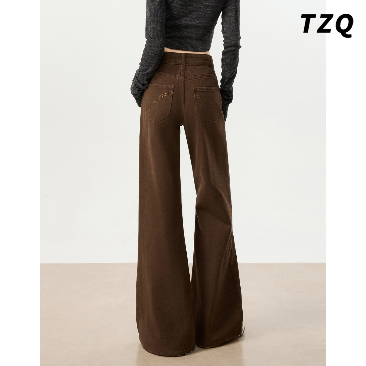 棕色宽松显瘦微喇阔腿牛仔裤女