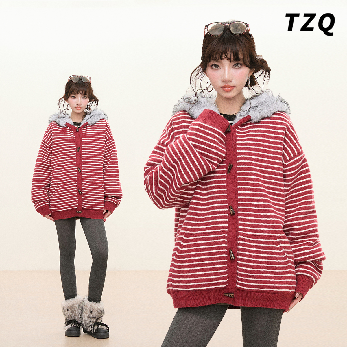 2025新款甜美条纹毛领开衫女