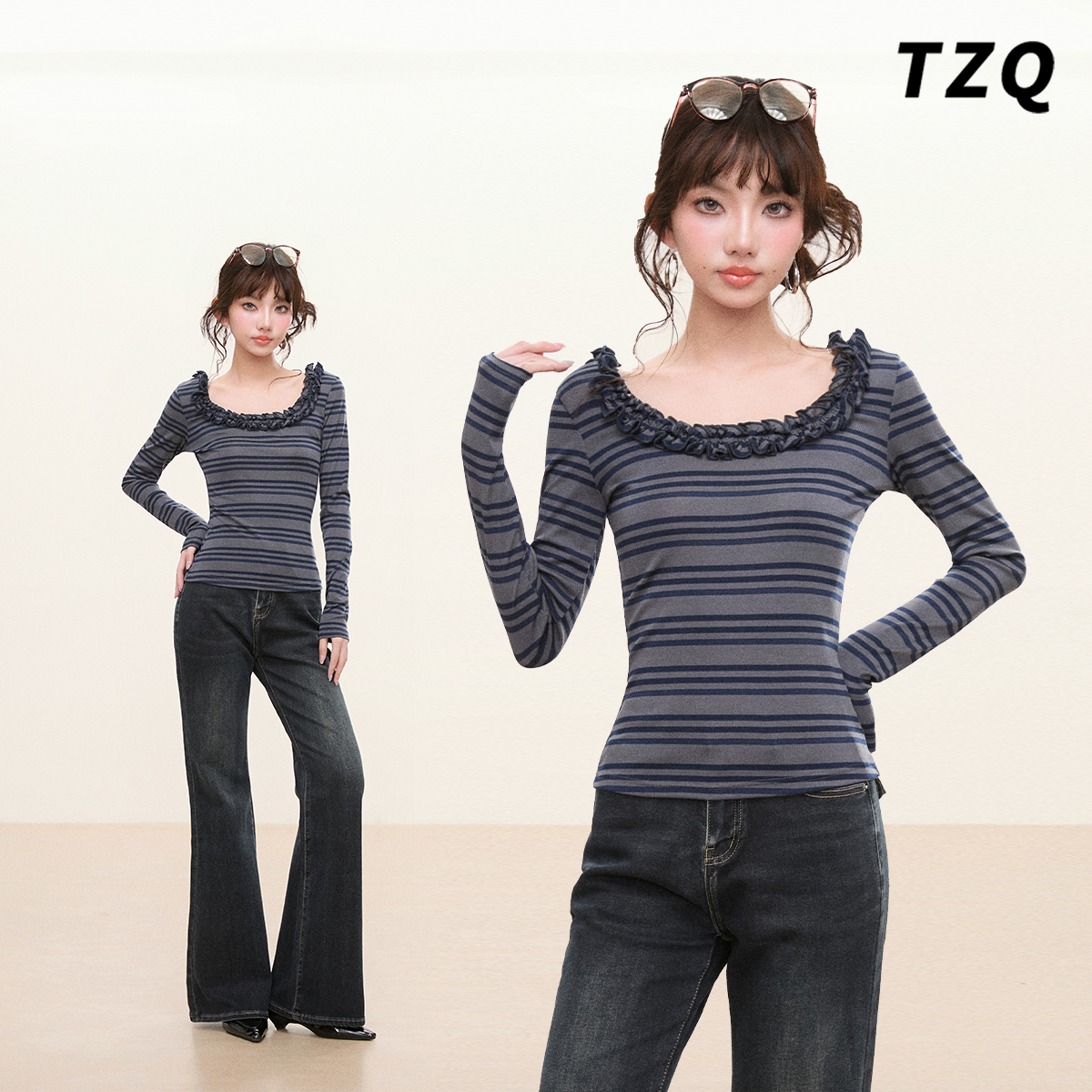 韩版条纹U领修身显瘦长袖T恤