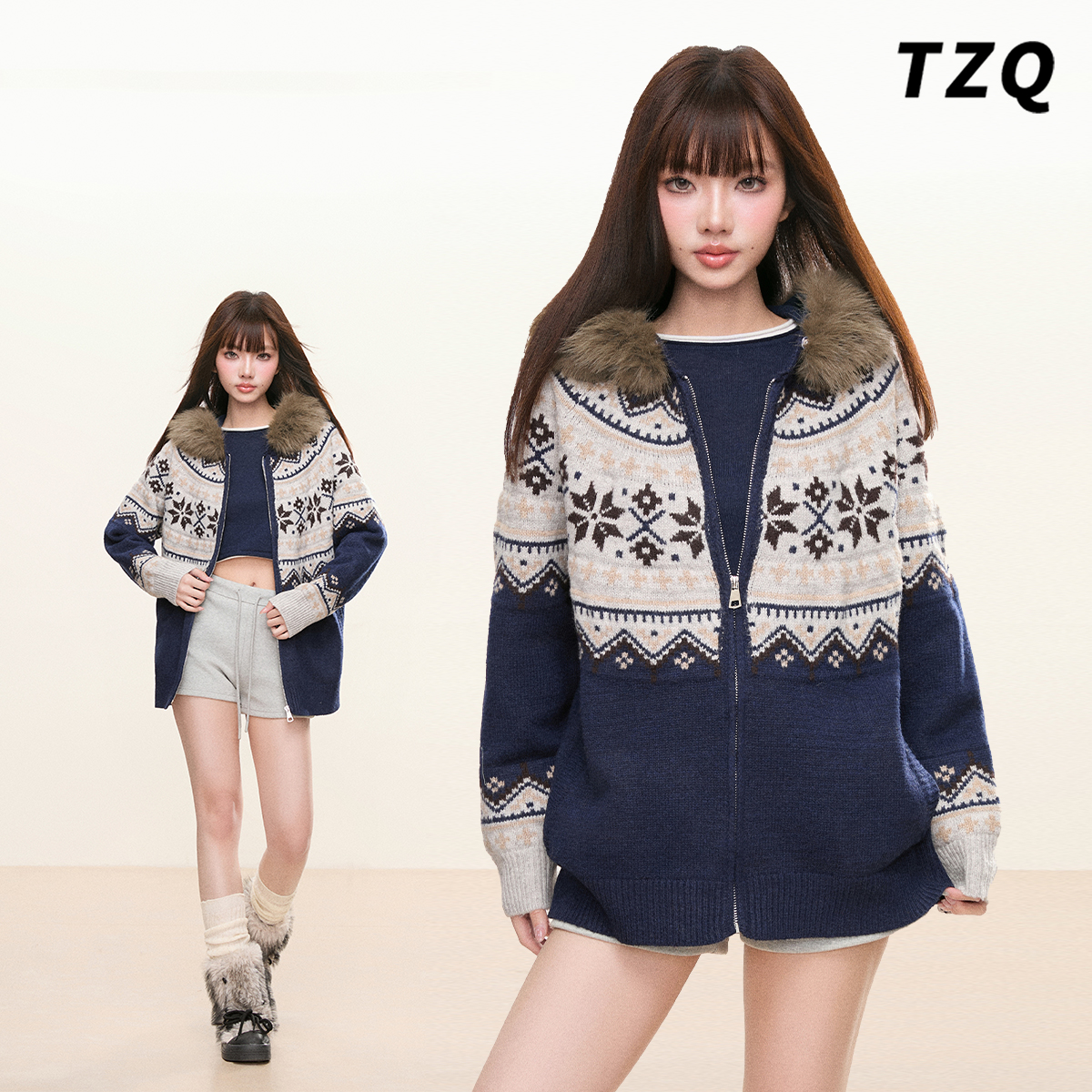 费尔岛毛领连帽拉链针织开衫女