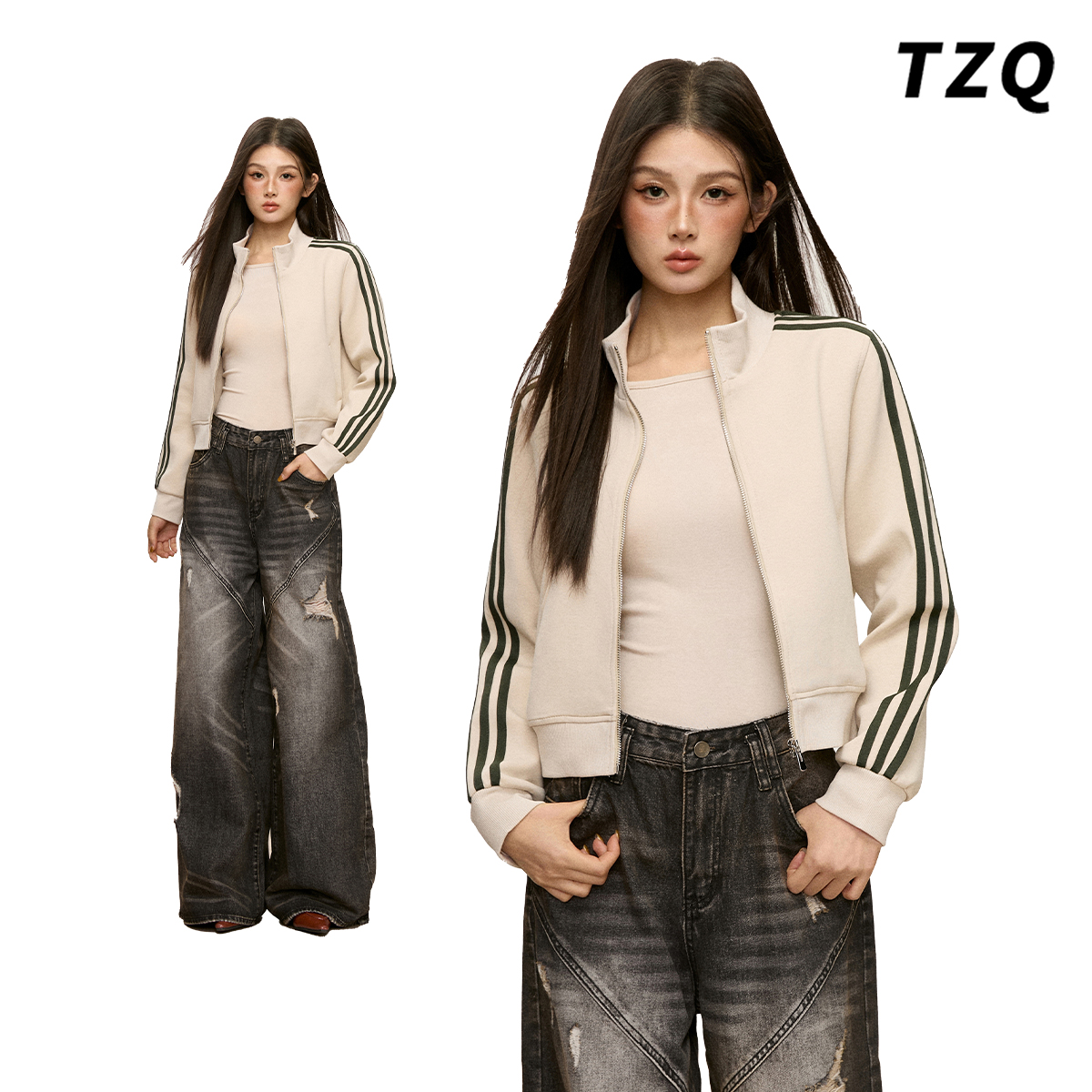 复古运动风立领短外套女