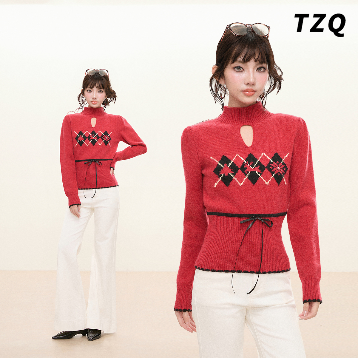 复古半高领菱格纹收腰系带毛衣