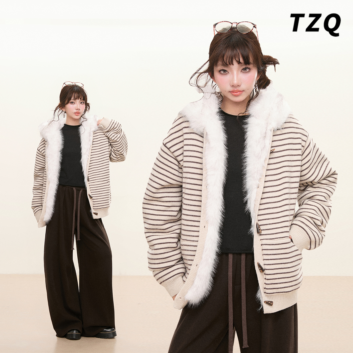 甜美条纹羊羔毛连帽外套女保暖