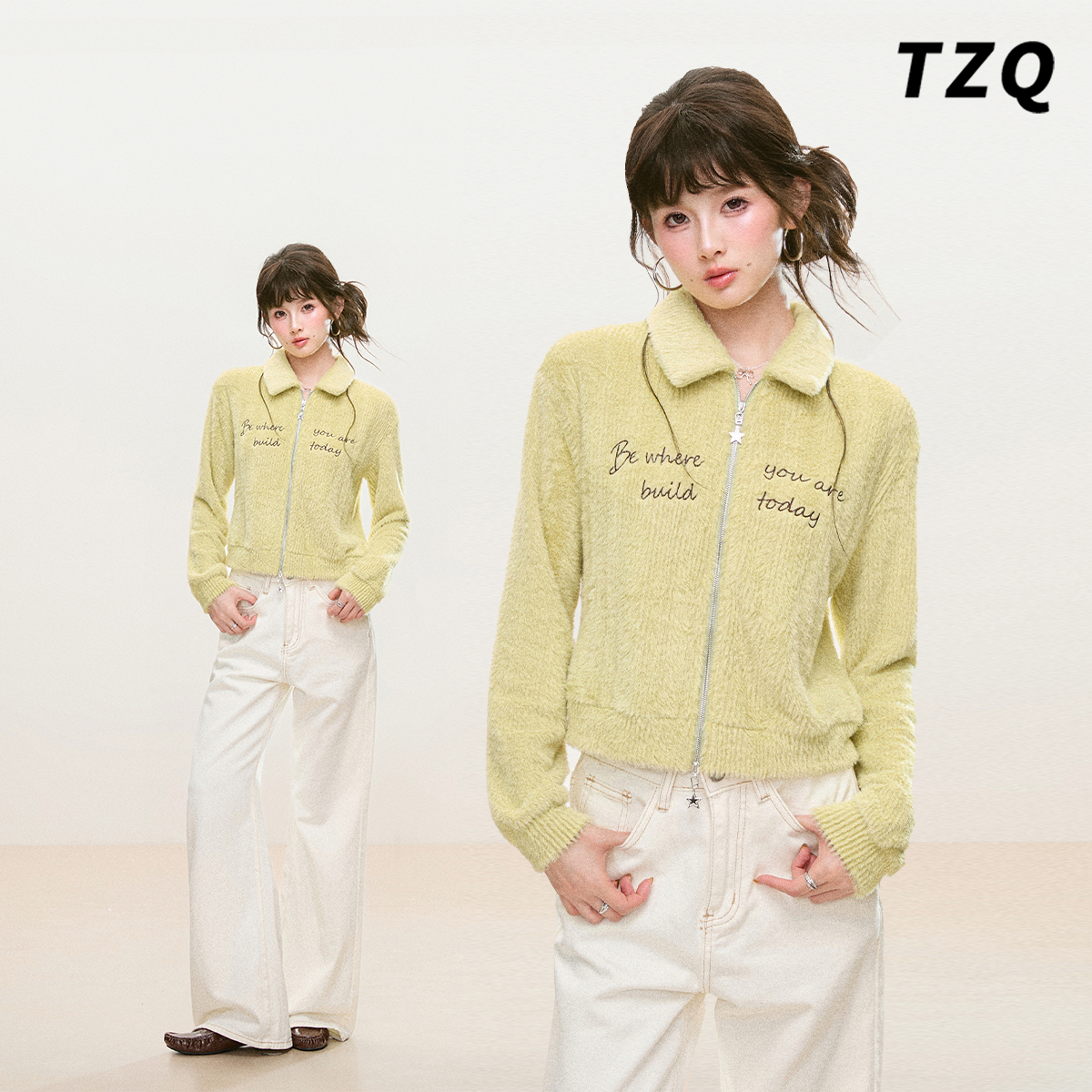 字母刺绣针织外套短款双拉链上衣