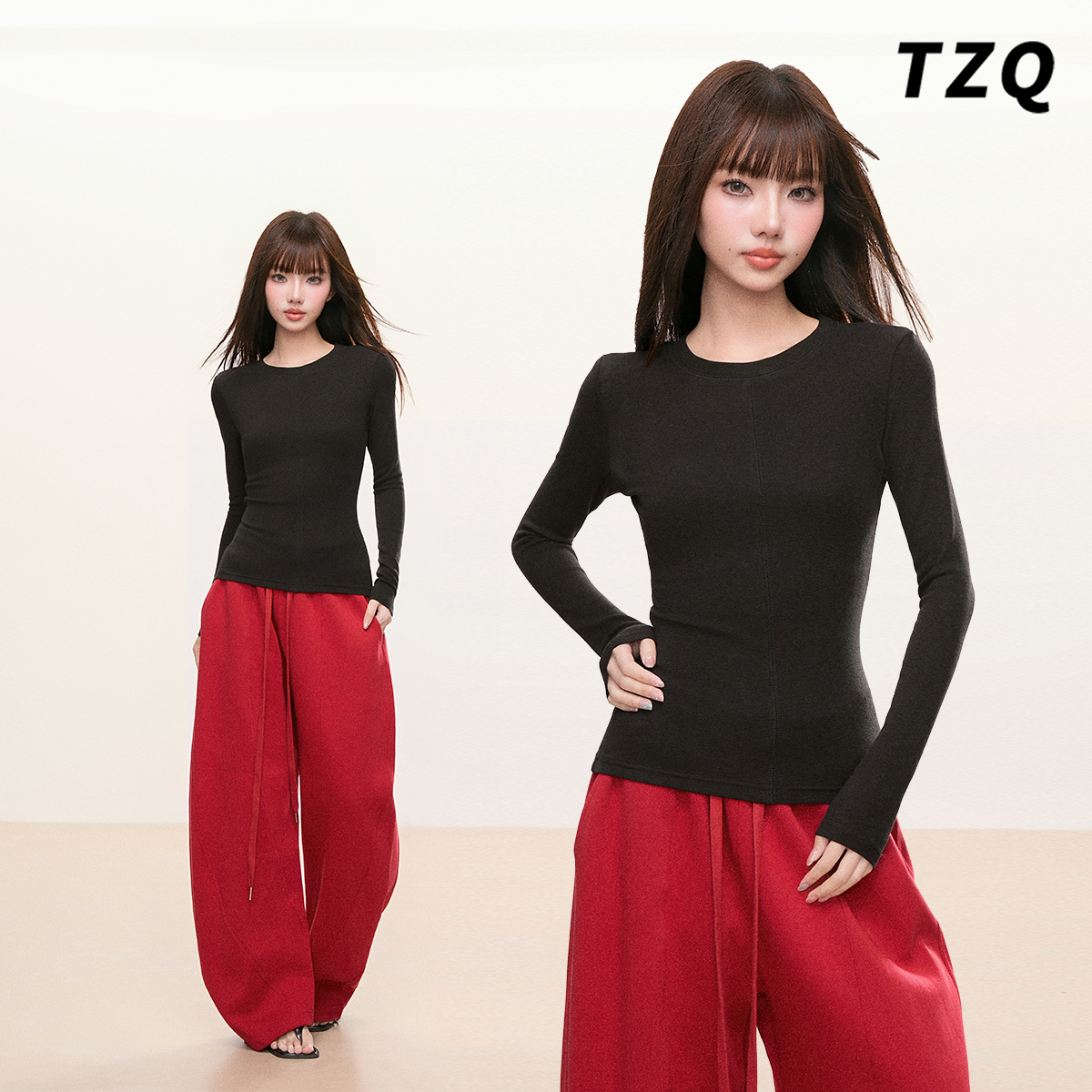 黑色圆领修身显瘦针织打底衫女