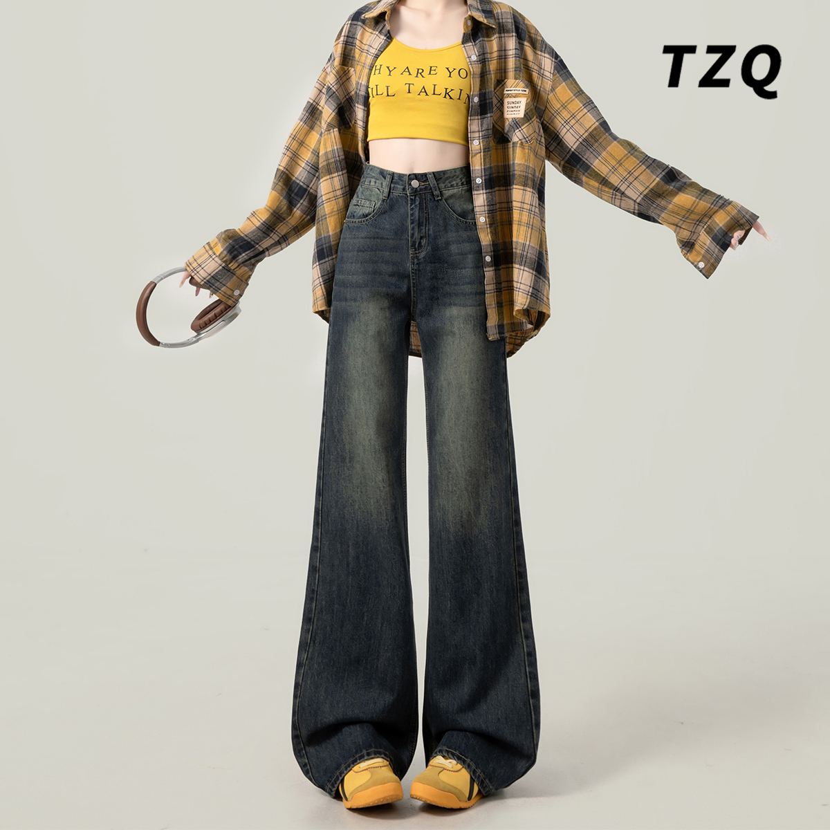 美式复古阔腿微喇牛仔裤女