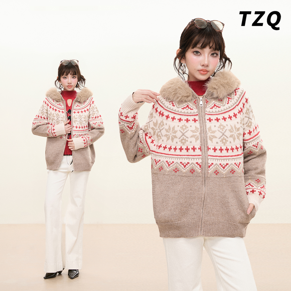 费尔岛风连帽毛领针织开衫女灰