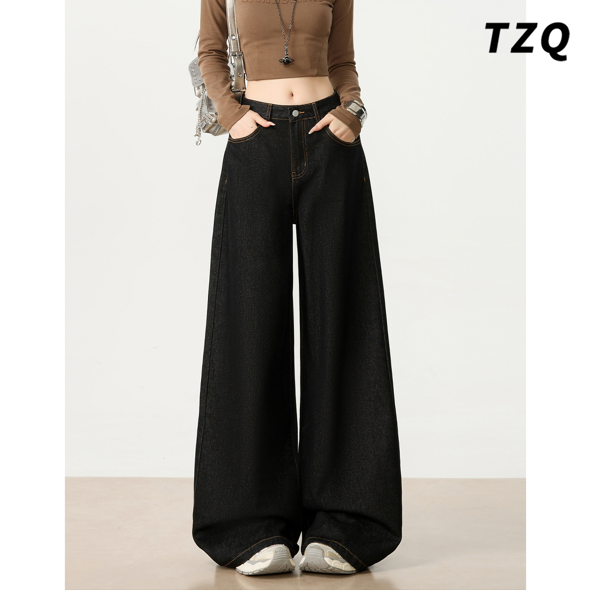 黑茶色高腰阔腿牛仔裤女款