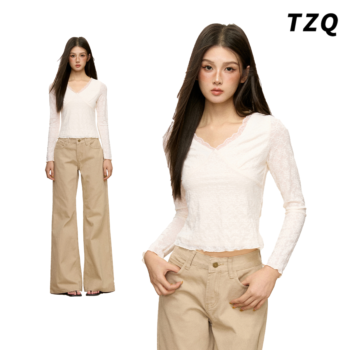 韩版V领蕾丝花边长袖T恤