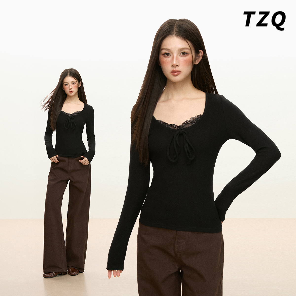 温柔风蕾丝拼接蝴蝶结长袖T恤