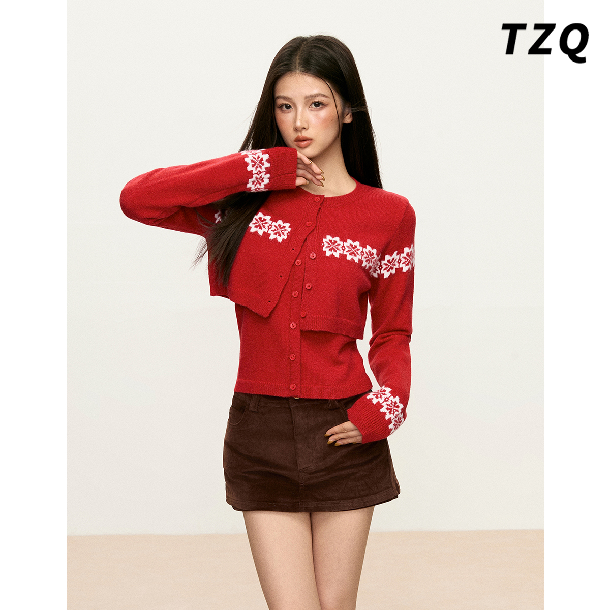 红色费尔岛提花开衫女新款