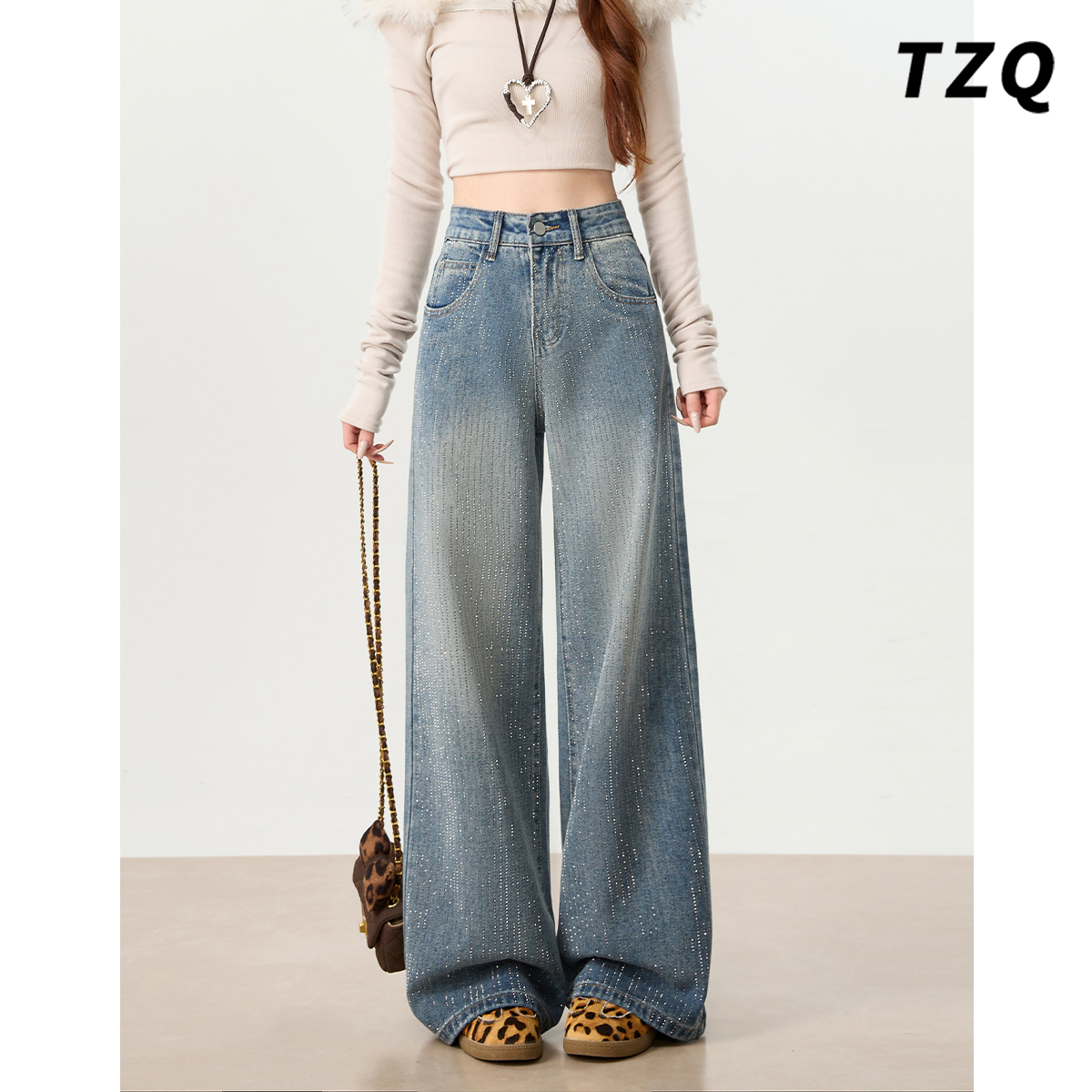 复古蓝烫钻阔腿牛仔裤