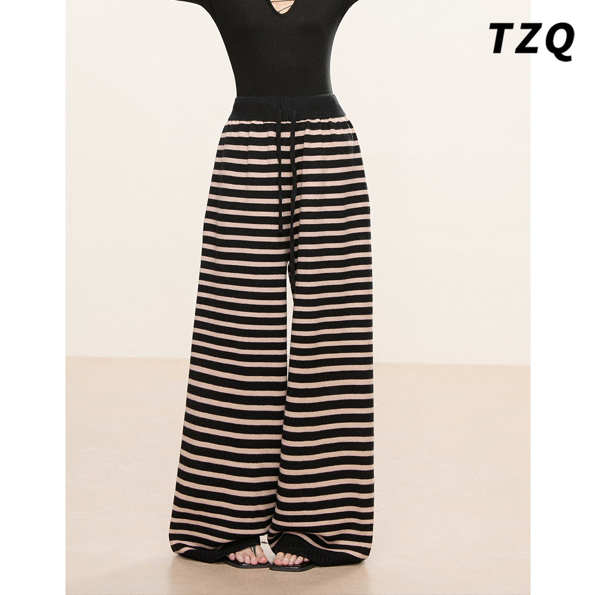 慵懒风条纹针织阔腿裤